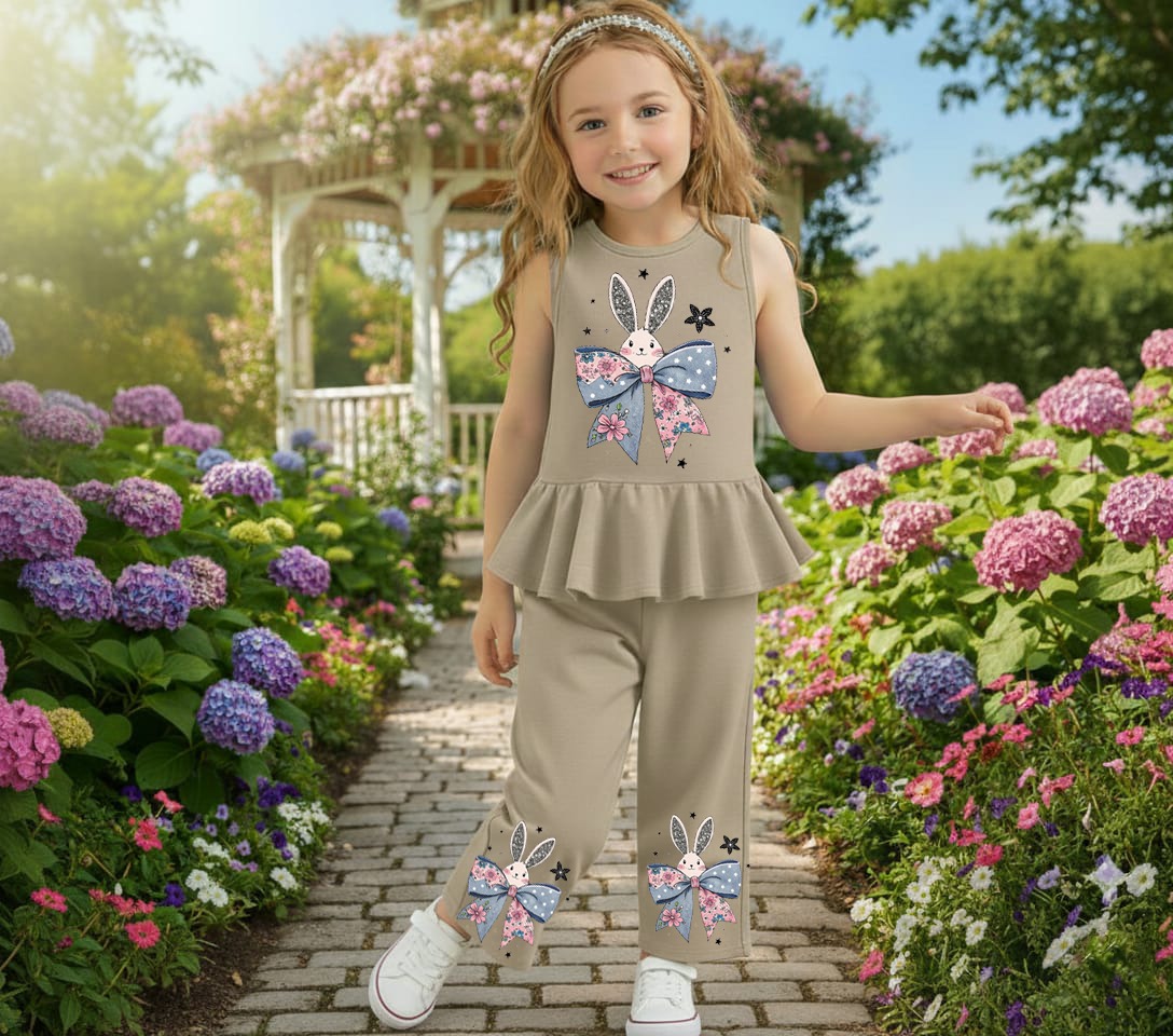 π°β¨ Cute Bunny Bow Girls 2-Piece Peplum Set β Beige