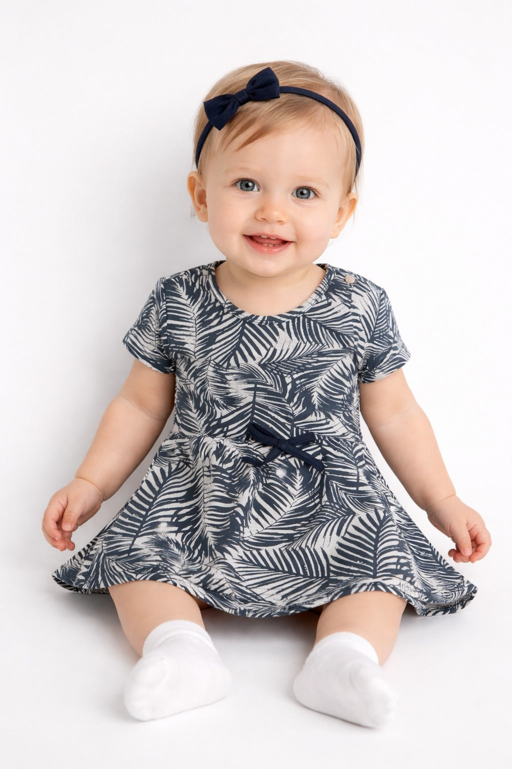 Baby Girl Palm Print Dress with Matching Bow Headband – Navy